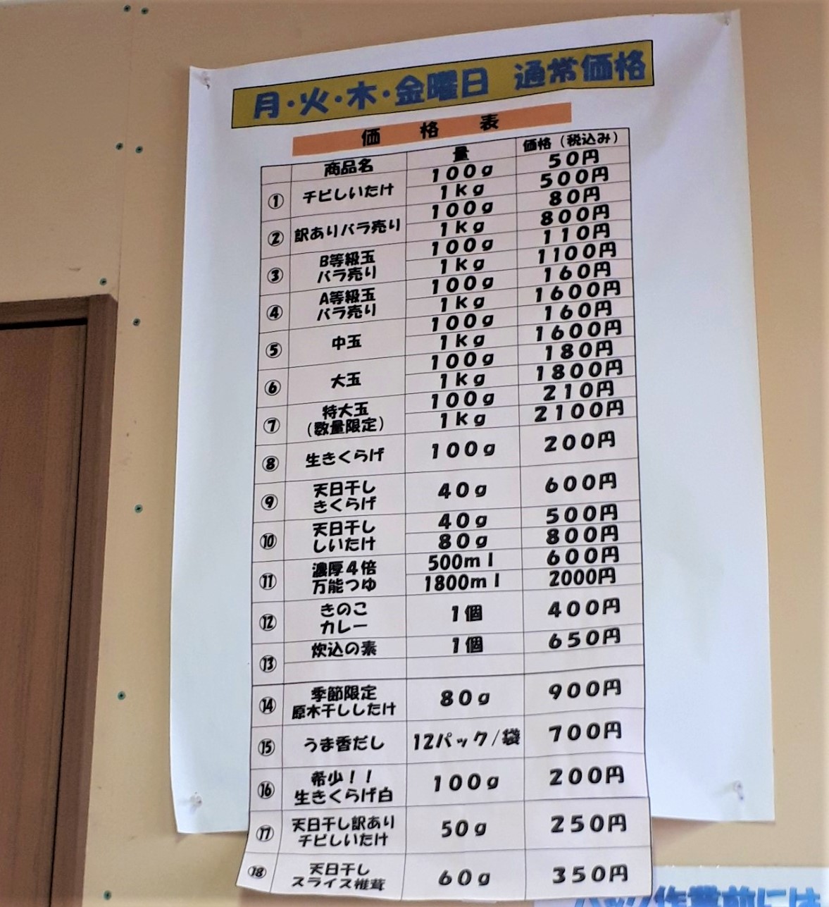 札幌直売所「清田しいたけファーム」販売メニュー