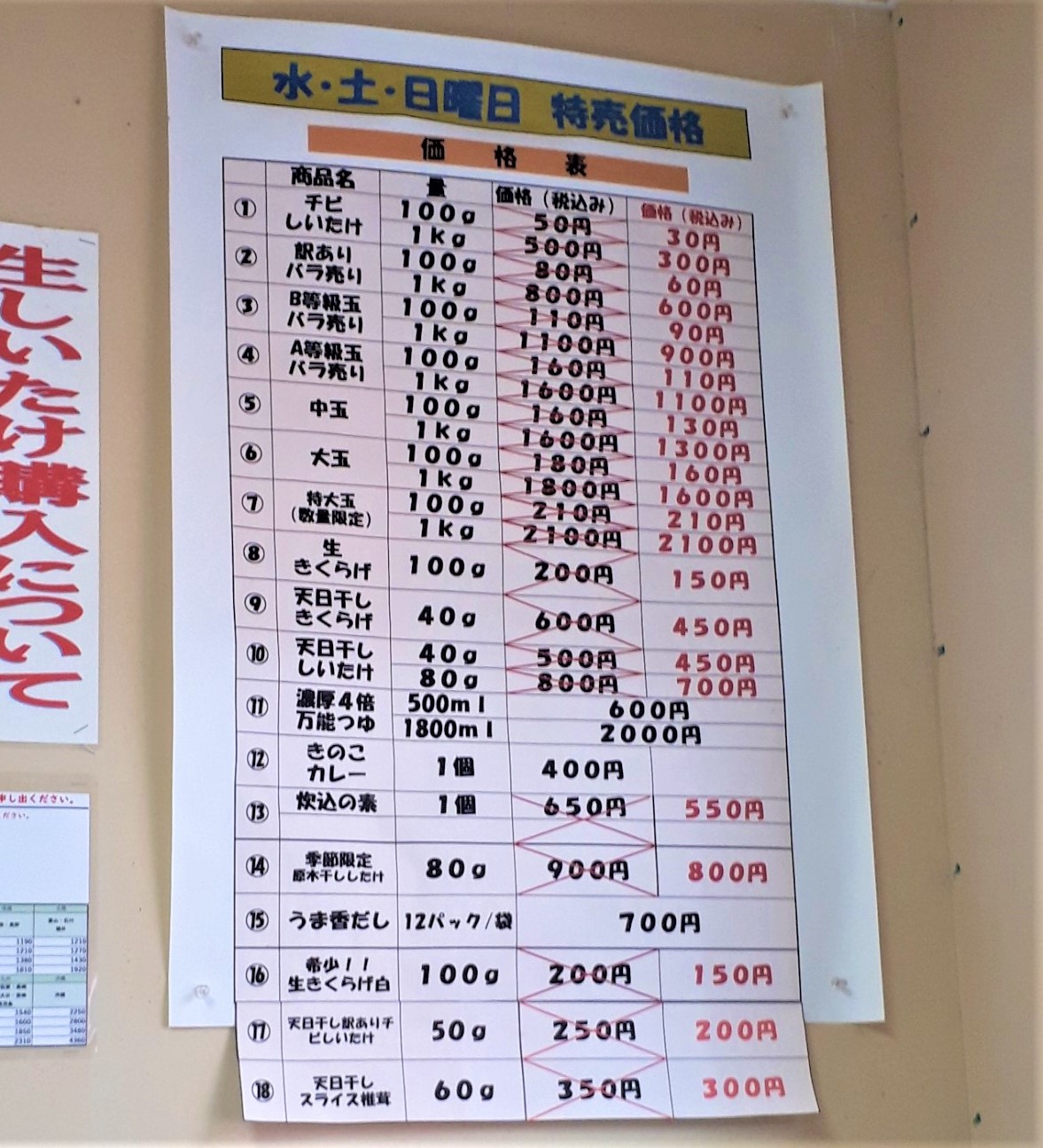 札幌直売所「清田しいたけファーム」販売メニュー土日は特売日